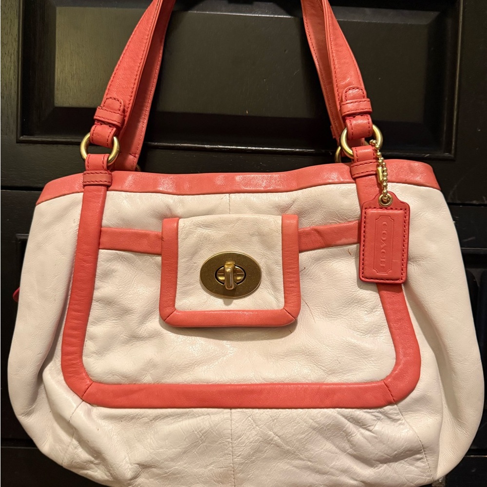 Coach Vintage Cricket White and Coral Leather Shoulder Bag with Gold Hardware